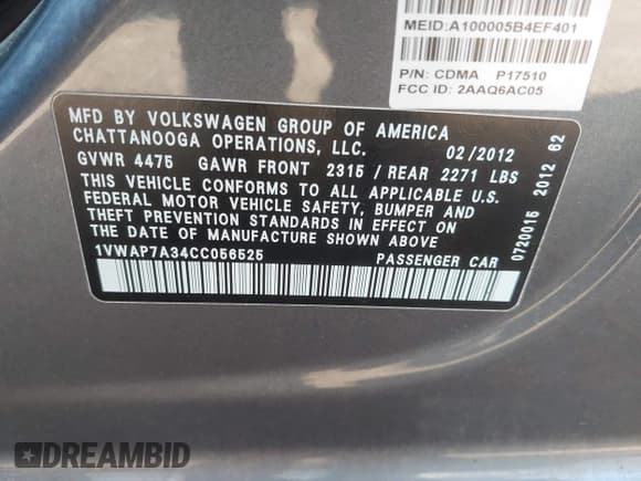 ✅ 2012 Volkswagen Passat S • VIN: 1VWAP7A34CC056525 • Lot: 43234575. Listed on IAAI with 159,029 mi. Free auction sales archive from the USA and detailed vehicle history report at DreamBid. Image 9.