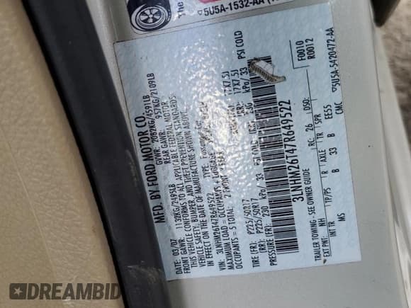 ✅ 2007 Lincoln MKZ • VIN: 3LNHM26T47R649522 • Lot: 90268065. Wystawiony na Copart z przebiegiem 154 531 mil. Bezpłatny archiwum sprzedaży aukcyjnych z USA i szczegółowy raport historii pojazdu na DreamBid. Zdjęcie 12.