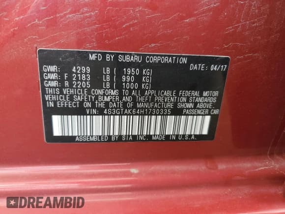 ✅ 2017 Subaru Impreza Special Sports • VIN: 4S3GTAK64H1730335 • Lot: 58880765. Listed on Copart with 109,763 mi. Free auction sales archive from the USA and detailed vehicle history report at DreamBid. Image 12.