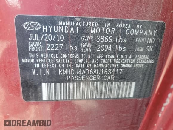 ✅ 2010 Hyundai Elantra SE • VIN: KMHDU4AD6AU163417 • Lot: 87389785. Listed on Copart with 131,700 mi. Free auction sales archive from the USA and detailed vehicle history report at DreamBid. Image 12.