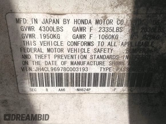 ✅ 2008 Acura TSX Nav • VIN: JH4CL96978C003193 • Lot: 42681577. Listed on IAAI with 293,752 mi. Free auction sales archive from the USA and detailed vehicle history report at DreamBid. Image 9.