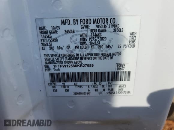 ✅ 2006 Ford F-150 XLT • VIN: 1FTPW12586KB27989 • Lot: 83854355. Wystawiony na Copart z przebiegiem 188 645 mil. Bezpłatny archiwum sprzedaży aukcyjnych z USA i szczegółowy raport historii pojazdu na DreamBid. Zdjęcie 12.