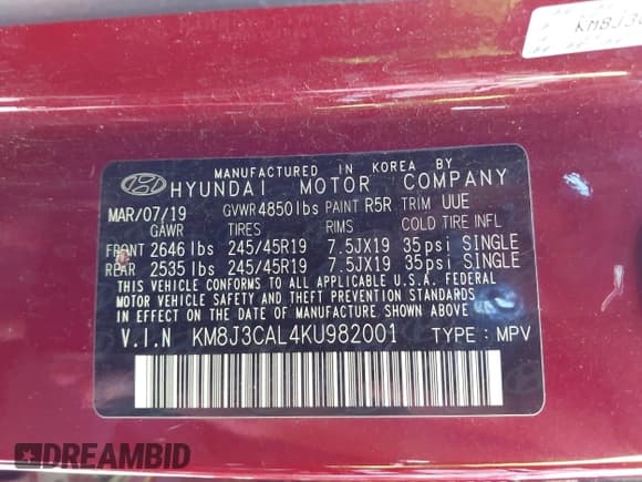 ✅ 2019 Hyundai Tucson Night Edition • VIN: KM8J3CAL4KU982001 • Lot: 43338039. Listed on IAAI with 105,183 mi. Free auction sales archive from the USA and detailed vehicle history report at DreamBid. Image 9.