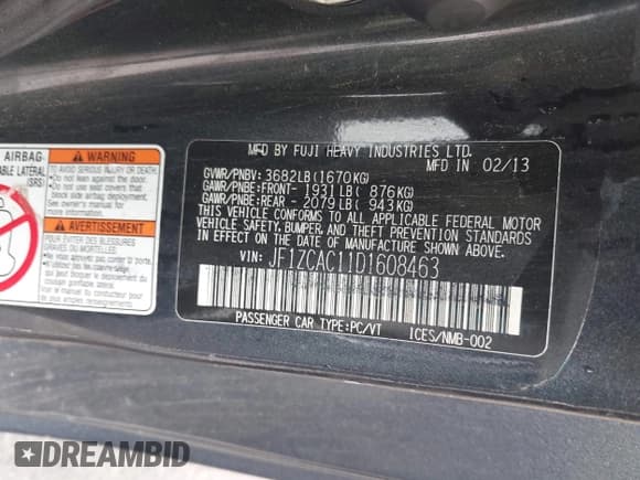 ✅ 2013 Subaru BRZ Limited • VIN: JF1ZCAC11D1608463 • Лот: 41915846. Опубликован ранее на IAAI с пробегом 72 179 миль. Бесплатный доступ к архиву аукционных продаж из США и подробный отчёт об истории автомобиля на DreamBid. Изображение 9.