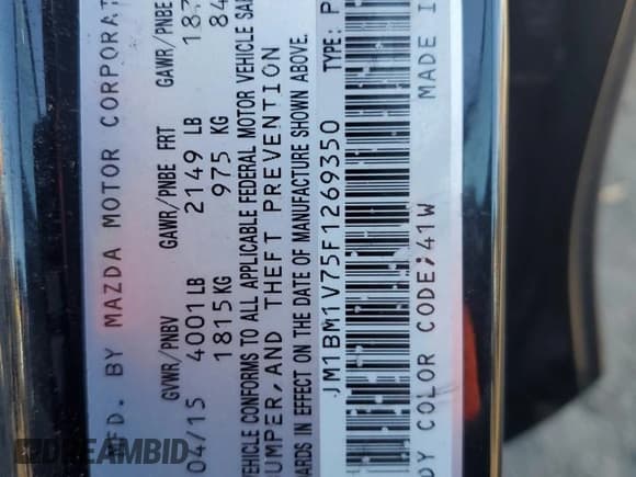 ✅ 2015 Mazda 3 i Touring • VIN: JM1BM1V75F1269350 • Lot: 85866365. Listed on Copart with 102,588 mi. Free auction sales archive from the USA and detailed vehicle history report at DreamBid. Image 12.