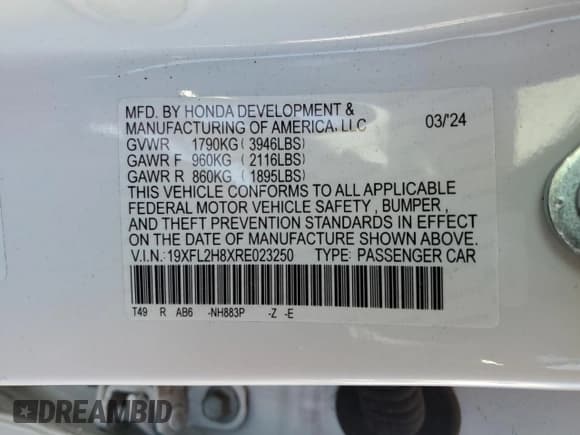 ✅ 2024 Honda Civic Sport • VIN: 19XFL2H8XRE023250 • Lot: 90655775. Wystawiony na Copart z przebiegiem 28 987 mil. Bezpłatny archiwum sprzedaży aukcyjnych z USA i szczegółowy raport historii pojazdu na DreamBid. Zdjęcie 13.