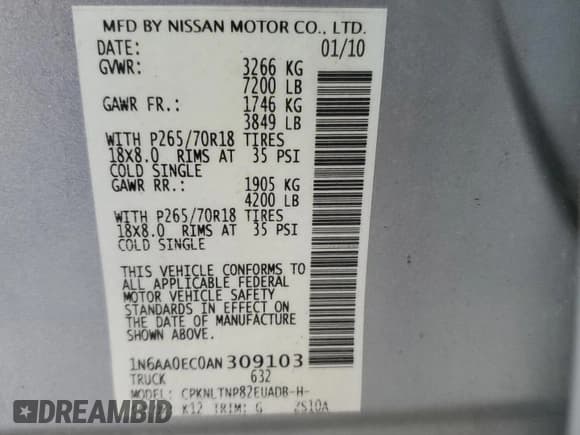 ✅ 2010 Nissan Titan SE • VIN: 1N6AA0EC0AN309103 • Лот: 67045135. Опубликован ранее на Copart с пробегом 150 101 миль. Бесплатный доступ к архиву аукционных продаж из США и подробный отчёт об истории автомобиля на DreamBid. Изображение 12.