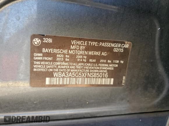 ✅ 2015 BMW 3 Series 328i • VIN: WBA3A5G5XFNS85016 • Lot: 82503745. Listed on Copart with Not provided. Free auction sales archive from the USA and detailed vehicle history report at DreamBid. Image 12.