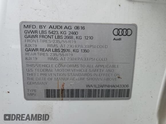 ✅ 2017 Audi Q5 Premium Plus • VIN: WA1L2AFP4HA043306 • Lot: 56763905. Wystawiony na Copart z przebiegiem 66 692 mil. Bezpłatny archiwum sprzedaży aukcyjnych z USA i szczegółowy raport historii pojazdu na DreamBid. Zdjęcie 12.