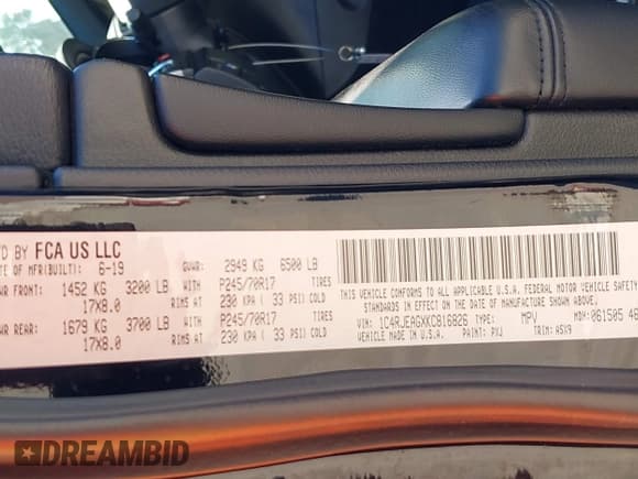 ✅ 2019 Jeep Grand Cherokee Altitude • VIN: 1C4RJEAGXKC816826 • Lot: 43422852. Listed on IAAI with 73,305 mi. Free auction sales archive from the USA and detailed vehicle history report at DreamBid. Image 9.