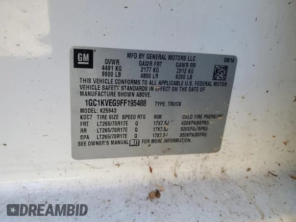 ✅ 2015 Chevrolet Silverado 2500HD LT • VIN: 1GC1KVEG9FF195488 • Lot: 84552195. Listed on Copart with 190,936 mi. Free auction sales archive from the USA and detailed vehicle history report at DreamBid. Image 12.