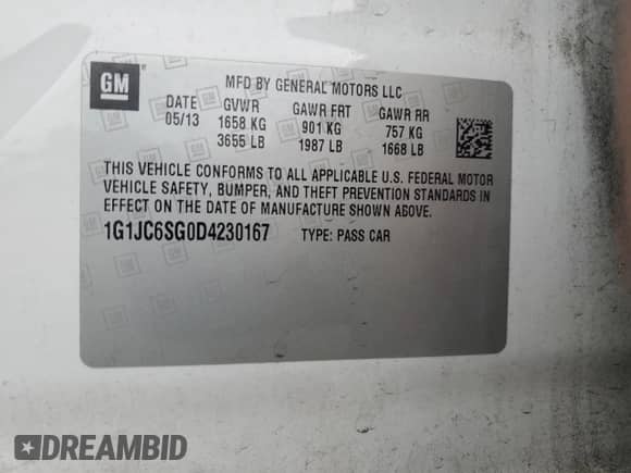 2013 Chevrolet Sonic LT with VIN 1G1JC6SG0D4230167, listed as a Copart auction lot 90614715 with 143,604 mi miles and Clean title. Bid and sale history available at DreamBid. Image 12.
