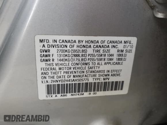 ✅ 2010 Acura MDX Technology • VIN: 2HNYD2H45AH505775 • Lot: 81724285. Listed on Copart with 304,911 mi. Free auction sales archive from the USA and detailed vehicle history report at DreamBid. Image 14.