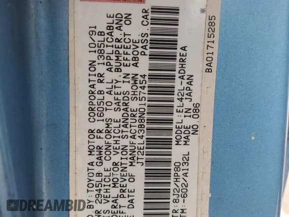 ✅ 1992 Toyota Tercel • VIN: JT2EL43B8N0157454 • Лот: 46283825. Опубликован ранее на Copart с пробегом 237 689 миль. Бесплатный доступ к архиву аукционных продаж из США и подробный отчёт об истории автомобиля на DreamBid. Изображение 12.