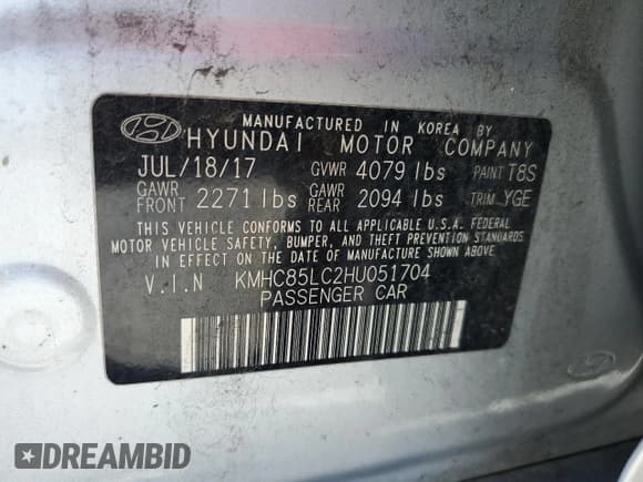 ✅ 2017 Hyundai Ioniq Limited • VIN: KMHC85LC2HU051704 • Lot: 86509735. Listed on Copart with Not provided. Free auction sales archive from the USA and detailed vehicle history report at DreamBid. Image 12.