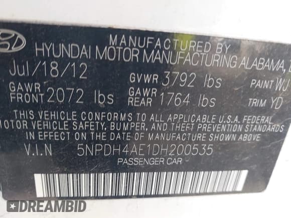 ✅ 2013 Hyundai Elantra GLS • VIN: 5NPDH4AE1DH200535 • Lot: 43433450. Listed on IAAI with 147,882 mi. Free auction sales archive from the USA and detailed vehicle history report at DreamBid. Image 9.