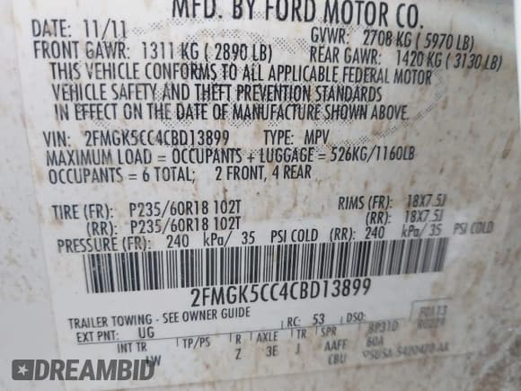 ✅ 2012 Ford Flex SEL • VIN: 2FMGK5CC4CBD13899 • Lot: 43550073. Listed on IAAI with 175,863 mi. Free auction sales archive from the USA and detailed vehicle history report at DreamBid. Image 9.