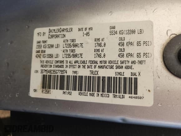 ✅ 2005 Dodge 3500 SLT • VIN: 3D7MS48C95G779974 • Lot: 89713115. Listed on Copart with 313,017 mi. Free auction sales archive from the USA and detailed vehicle history report at DreamBid. Image 12.