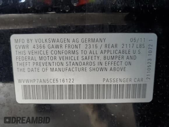 ✅ 2012 Volkswagen CC Lux Plus • VIN: WVWHP7AN5CE516122 • Lot: 57127195. Listed on Copart with 221,706 mi. Free auction sales archive from the USA and detailed vehicle history report at DreamBid. Image 12.