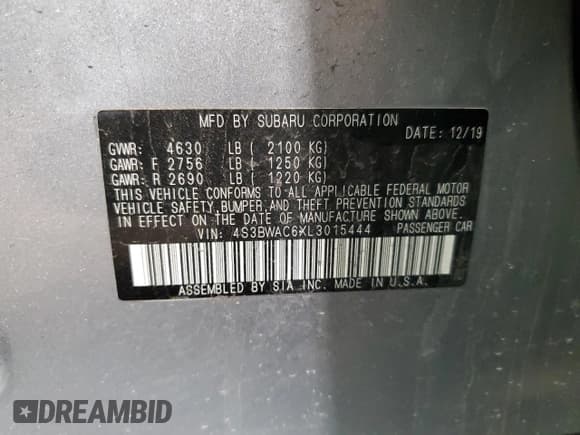 ✅ 2020 Subaru Legacy Premium • VIN: 4S3BWAC6XL3015444 • Lot: 55742525. Listed on Copart with Not provided. Free auction sales archive from the USA and detailed vehicle history report at DreamBid. Image 12.