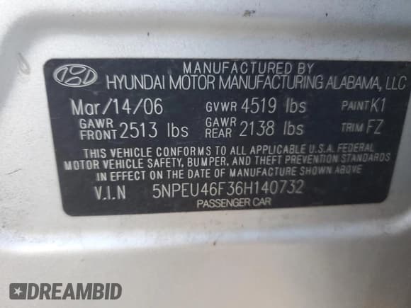 ✅ 2006 Hyundai Sonata GLS • VIN: 5NPEU46F36H140732 • Lot: 87222225. Listed on Copart with Not provided. Free auction sales archive from the USA and detailed vehicle history report at DreamBid. Image 12.