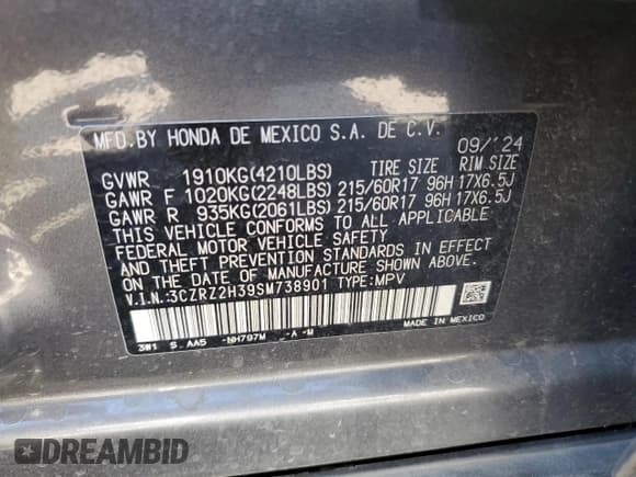 ✅ 2025 Honda HR-V LX • VIN: 3CZRZ2H39SM738901 • Лот: 65193345. Опубликован ранее на Copart с пробегом 23 947 миль. Бесплатный доступ к архиву аукционных продаж из США и подробный отчёт об истории автомобиля на DreamBid. Изображение 13.