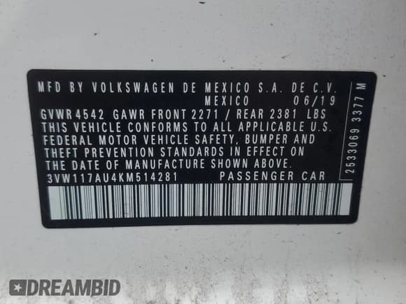 ✅ 2019 Volkswagen Golf S • VIN: 3VW117AU4KM514281 • Lot: 58374035. Wystawiony na Copart z przebiegiem 73 246 mil. Bezpłatny archiwum sprzedaży aukcyjnych z USA i szczegółowy raport historii pojazdu na DreamBid. Zdjęcie 13.