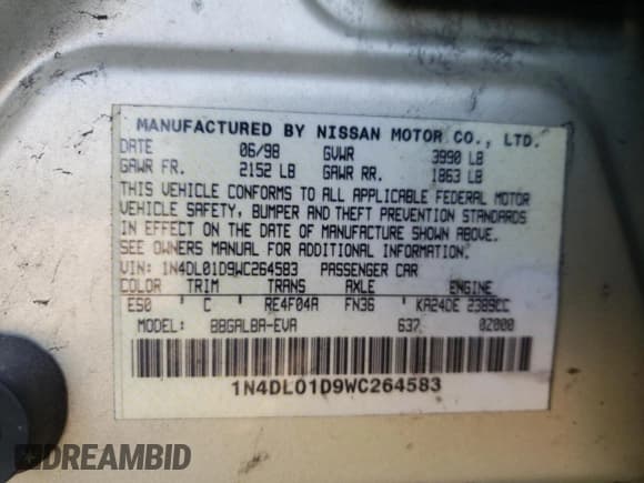 ✅ 1998 Nissan Altima XE • VIN: 1N4DL01D9WC264583 • Lot: 62111635. Listed on Copart with 100,427 mi. Free auction sales archive from the USA and detailed vehicle history report at DreamBid. Image 12.