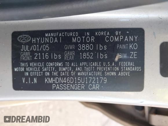 ✅ 2005 Hyundai Elantra GLS • VIN: KMHDN46D15U172179 • Lot: 43619645. Listed on IAAI with 174,645 mi. Free auction sales archive from the USA and detailed vehicle history report at DreamBid. Image 9.