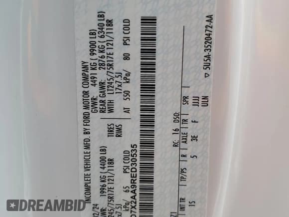 ✅ 2024 Ford F-250 • VIN: 1FD7X2AA9RED30535 • Лот: 65363535. Опубликован ранее на Copart с пробегом Не указан. Бесплатный доступ к архиву аукционных продаж из США и подробный отчёт об истории автомобиля на DreamBid. Изображение 12.