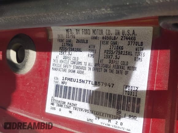 ✅ 1996 Ford Bronco XL • VIN: 1FMEU15N7TLB57947 • Lot: 42500201. Listed on IAAI with 224,982 mi. Free auction sales archive from the USA and detailed vehicle history report at DreamBid. Image 9.