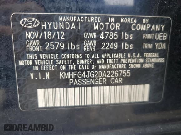 ✅ 2013 Hyundai Azera • VIN: KMHFG4JG2DA226755 • Lot: 53602115. Listed on Copart with 115,204 mi. Free auction sales archive from the USA and detailed vehicle history report at DreamBid. Image 12.