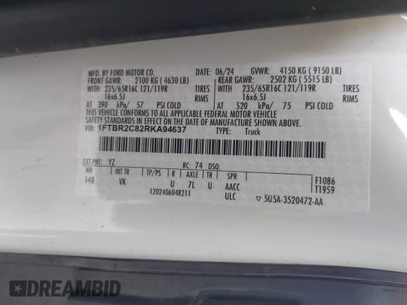 ✅ 2024 Ford Transit Cargo • VIN: 1FTBR2C82RKA94637 • Lot: 41829528. Listed on IAAI with 16,901 mi. Free auction sales archive from the USA and detailed vehicle history report at DreamBid. Image 9.