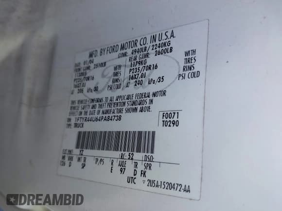 ✅ 2004 Ford Ranger XL Fleet • VIN: 1FTYR44U64PA84738 • Lot: 42358500. Listed on IAAI with 161,915 mi. Free auction sales archive from the USA and detailed vehicle history report at DreamBid. Image 9.