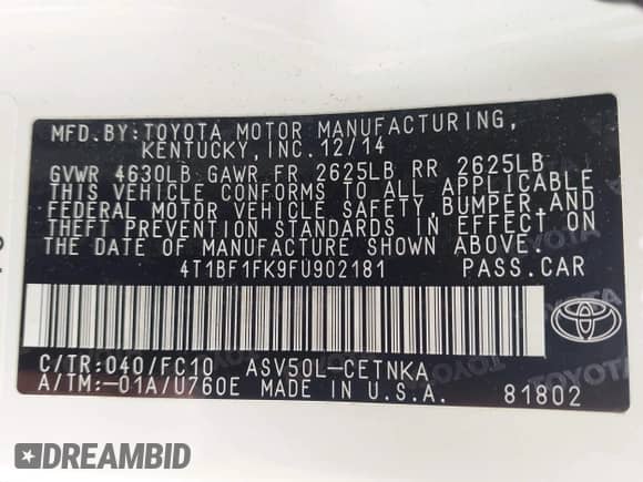 2015 Toyota Camry LE with VIN 4T1BF1FK9FU902181, listed as a IAAI auction lot 43376033 with 165,678 mi miles and . Bid and sale history available at DreamBid. Image 9.