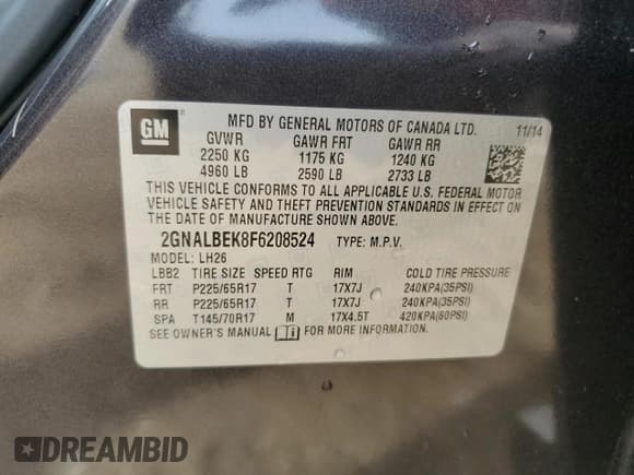 ✅ 2015 Chevrolet Equinox LT • VIN: 2GNALBEK8F6208524 • Лот: 86875425. Опубликован ранее на Copart с пробегом 95 232 миль. Бесплатный доступ к архиву аукционных продаж из США и подробный отчёт об истории автомобиля на DreamBid. Изображение 13.