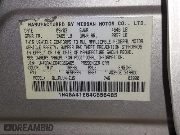 ✅ 2004 Nissan Maxima SL • VIN: 1N4BA41E84C856485 • Lot: 43885908. Listed on IAAI with 160,662 mi. Free auction sales archive from the USA and detailed vehicle history report at DreamBid. Image 9.