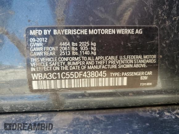 ✅ 2013 BMW 3 Series 328i • VIN: WBA3C1C55DF438045 • Lot: 66004455. Listed on Copart with 161,968 mi. Free auction sales archive from the USA and detailed vehicle history report at DreamBid. Image 12.