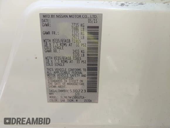 ✅ 2015 Infiniti QX60 • VIN: 5N1AL0MM9FC530723 • Lot: 43705134. Listed on IAAI with 102,790 mi. Free auction sales archive from the USA and detailed vehicle history report at DreamBid. Image 9.