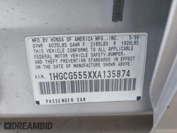 ✅ 1999 Honda Accord EX • VIN: 1HGCG555XXA135874 • Лот: 42420764. Опубликован ранее на IAAI с пробегом 240 649 миль. Бесплатный доступ к архиву аукционных продаж из США и подробный отчёт об истории автомобиля на DreamBid. Изображение 9.