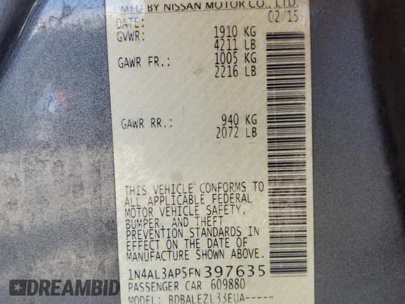 ✅ 2015 Nissan Altima 2.5 • VIN: 1N4AL3AP5FN397635 • Lot: 84062655. Wystawiony na Copart z przebiegiem 144 973 mil. Bezpłatny archiwum sprzedaży aukcyjnych z USA i szczegółowy raport historii pojazdu na DreamBid. Zdjęcie 14.