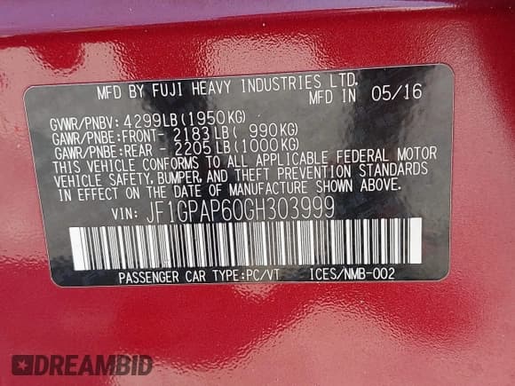 ✅ 2016 Subaru Impreza Special Sports Premium • VIN: JF1GPAP60GH303999 • Lot: 42907352. Listed on IAAI with 43,968 mi. Free auction sales archive from the USA and detailed vehicle history report at DreamBid. Image 9.