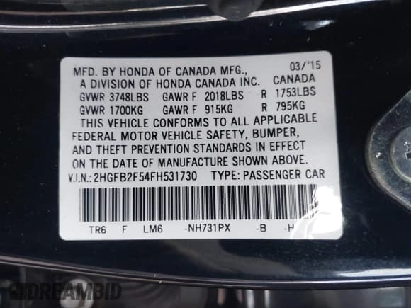 ✅ 2015 Honda Civic LX • VIN: 2HGFB2F54FH531730 • Lot: 43746739. Listed on IAAI with 81,909 mi. Free auction sales archive from the USA and detailed vehicle history report at DreamBid. Image 9.