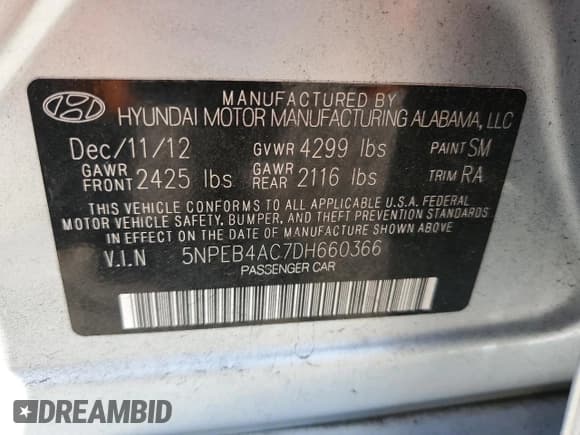 ✅ 2013 Hyundai Sonata GLS • VIN: 5NPEB4AC7DH660366 • Lot: 72312104. Listed on Copart with 126,442 mi. Free auction sales archive from the USA and detailed vehicle history report at DreamBid. Image 13.