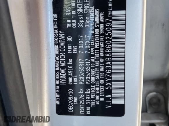 ✅ 2011 Hyundai Santa Fe GLS • VIN: 5XYZG3AB8BG025097 • Lot: 79130134. Listed on Copart with 285,387 mi. Free auction sales archive from the USA and detailed vehicle history report at DreamBid. Image 13.