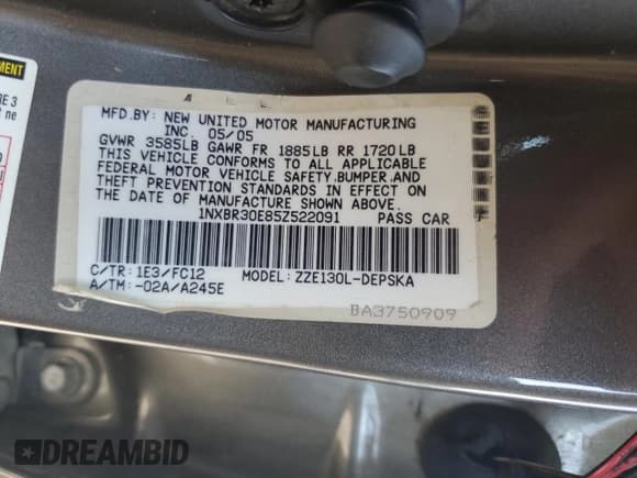 ✅ 2005 Toyota Corolla S • VIN: 1NXBR30E85Z522091 • Lot: 82616535. Listed on Copart with 144,015 mi. Free auction sales archive from the USA and detailed vehicle history report at DreamBid. Image 12.