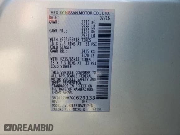 ✅ 2016 Nissan Pathfinder SV • VIN: 5N1AR2MM7GC629133 • Lot: 81055175. Listed on Copart with 173,714 mi. Free auction sales archive from the USA and detailed vehicle history report at DreamBid. Image 13.