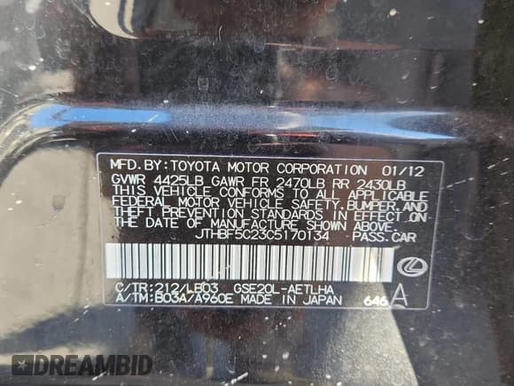 ✅ 2012 Lexus IS 250 • VIN: JTHBF5C23C5170134 • Lot: 82599495. Listed on Copart with 285,447 mi. Free auction sales archive from the USA and detailed vehicle history report at DreamBid. Image 12.