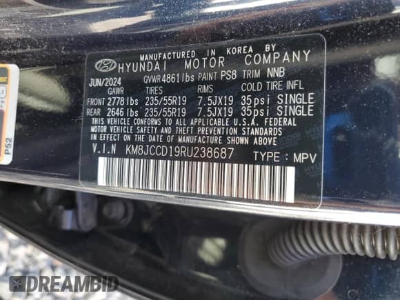 2024 Hyundai Tucson SEL Convenience z VIN KM8JCCD19RU238687, wystawiony jako Copart lot #83862185 z przebiegiem 8 840 mil mil oraz Szkoda całkowita • Salvage title. Historia ofert i sprzedaży dostępna na DreamBid. Obrazek 13.