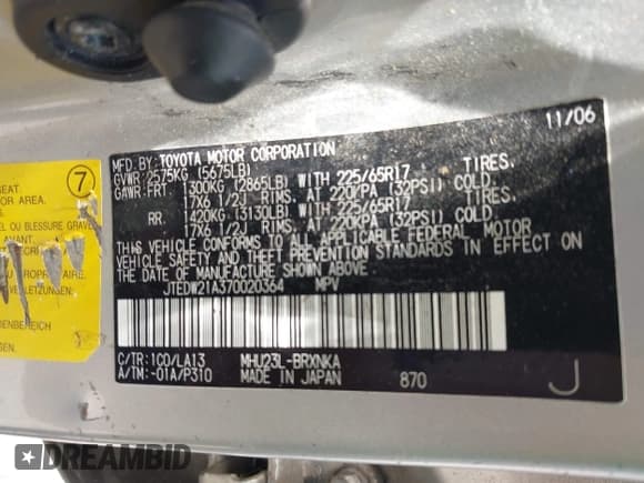 ✅ 2007 Toyota Highlander w/3rd Row • VIN: JTEDW21A370020364 • Lot: 42448389. Listed on IAAI with 320,122 mi. Free auction sales archive from the USA and detailed vehicle history report at DreamBid. Image 9.